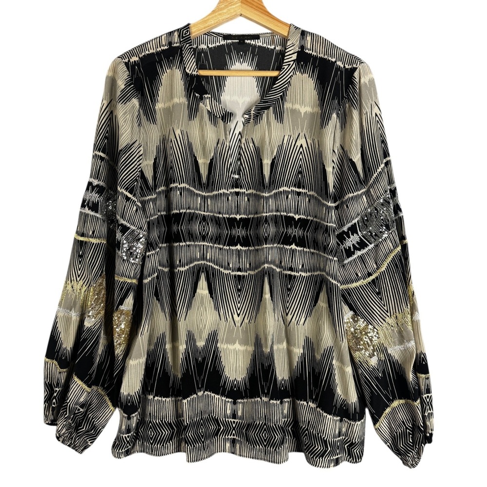 Kobi Halperin Felicia Abstract Silk Geometric Print Embellished Blouse Top XL
